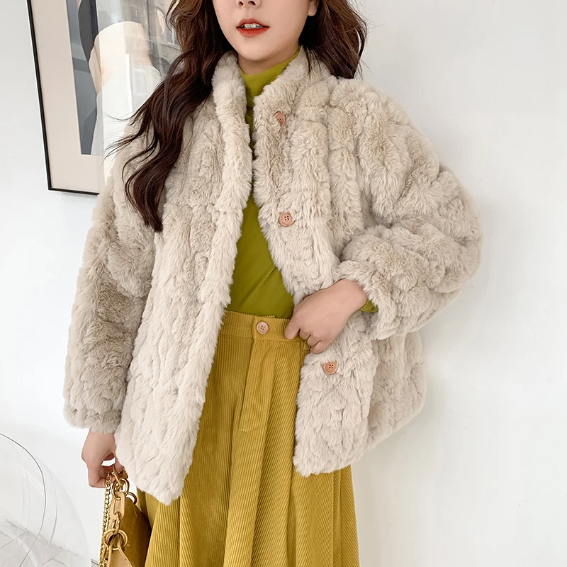 

2020 Winter Korean Loose Imitation rabbit fur Thick warm Stand collar High quality Soft plush Faux fur coat Women Mujer chaqueta