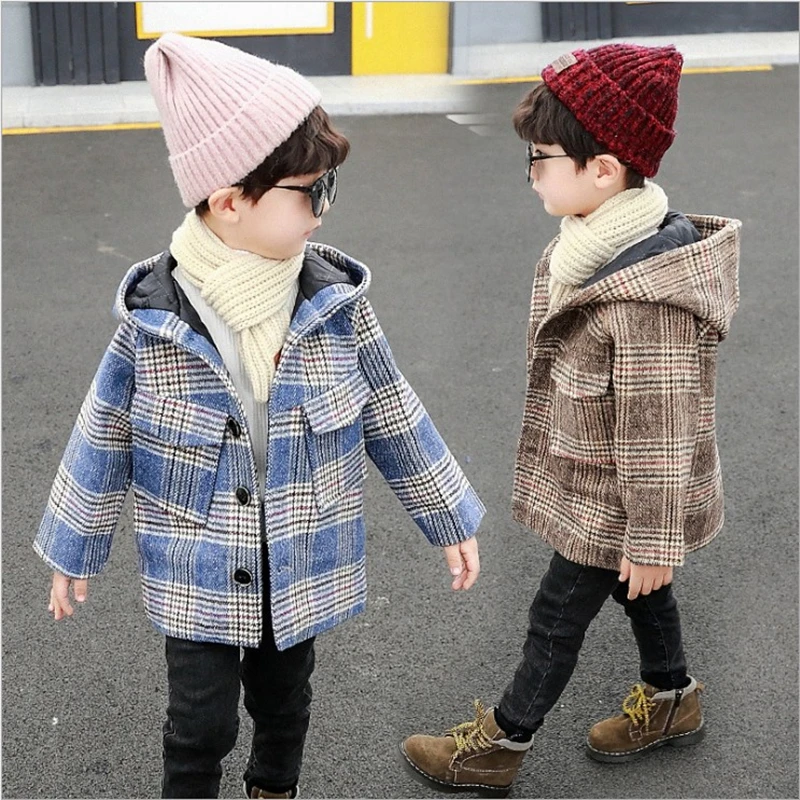 Children's Thickened Woolen Overcoat Fall Winter New Boys Fashion Plaid Hooded Trench Coat Baby Kids Casual Jacket Outerwear B358