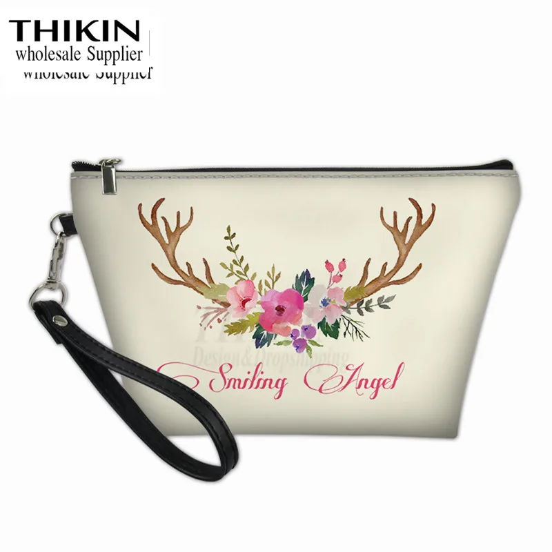 as picture Сумка для макияжа на молнии с цветочным узором THIKIN Antler для женщин, уникальная женская сумка для макияжа для путешествий, косметичка из искусственной кожи - Цвет: as picture