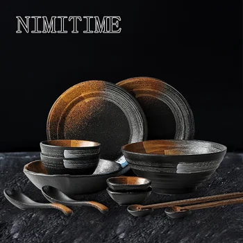 

NIMITIME Japanese Ceramic Tableware Set For Two - Six People Food Rice Bowl Plate Dish Spoon Household Flat Plate