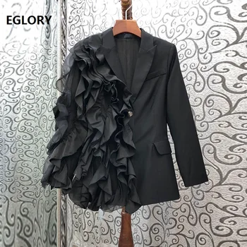 

Top Quality New Blazer Jackets 2020 Autumn Winter Black Coat Women Cascading Ruffle Flowers Deco Single Breasted Coat Blazers