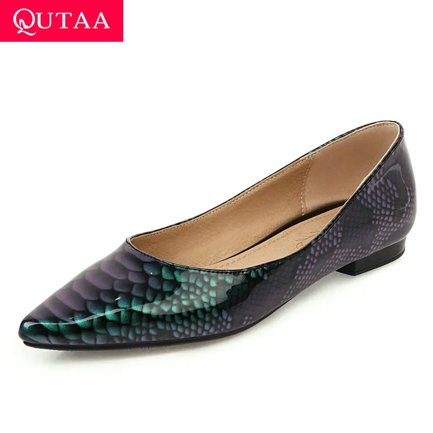 

QUTAA 2020 Spring Autumn Fashion Snakeskin PU Leather Slip on Single Shoes Square Low Heels Pointed Toe Ladies Shoes Size 34-43