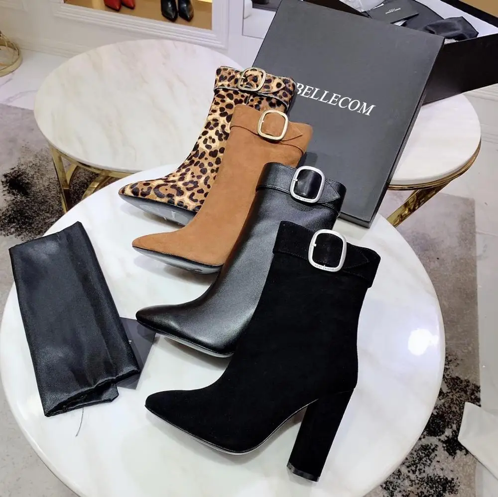 

BELLECOM 2019 Autumn New Kind of Female Leather Suede Shoes with Square Button Bare Boots Martin Boots