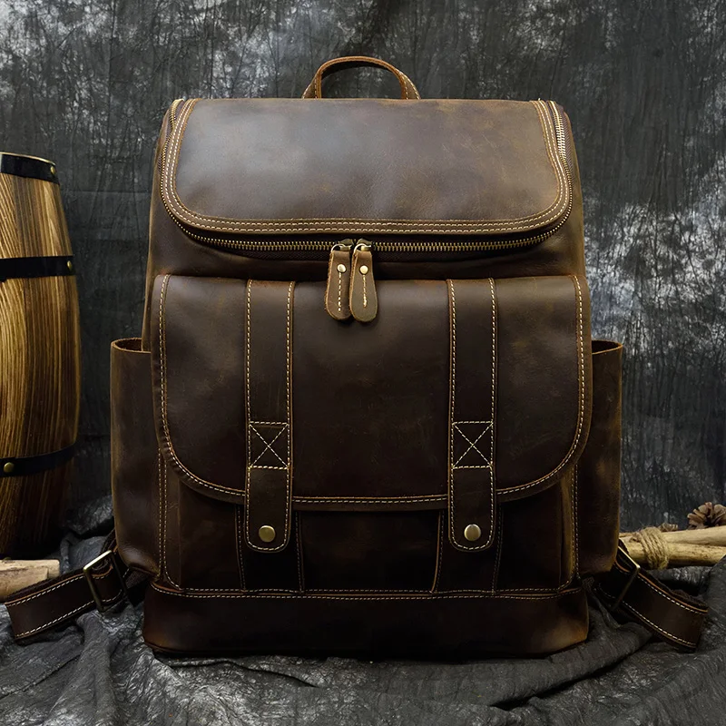 Big Capacity Vintage Leather Backpack Laptop Travel Bagpack Men Male Cowskin Backpack Retro Style Travel Bag Brown 42cm