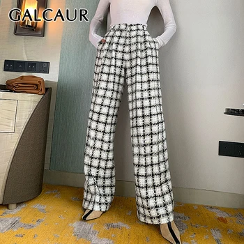 

GALCAUR Plaid Wide Leg Pants For Women High Waist Casual Loose Woven Large Size Ruched Trousers Female 2020 Fashion New Clothing
