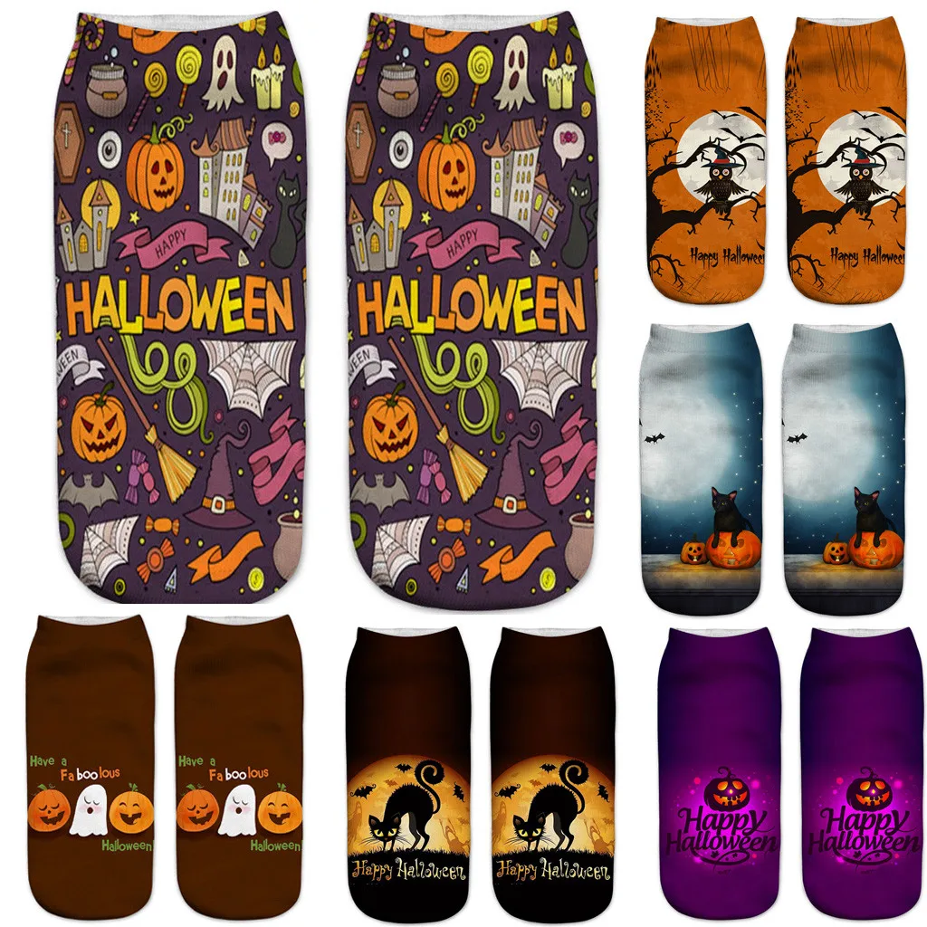 Женские и мужские модные носки с 3D принтом на Хэллоуин, шесть цветов, Короткие хлопковые носки, Рождественские теплые носки-тапочки, 10,9