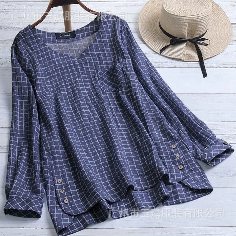 

Plus size blouse 2020 hemp cotton plaid pullover irregular women's shirt