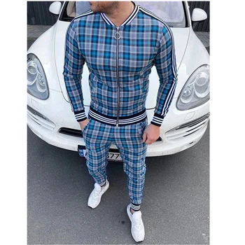 Image of 2020 Autumn European and American New Fashion Casual Men's Suit Hot Selling Style Striped Plaid Jacket Trousers For Men