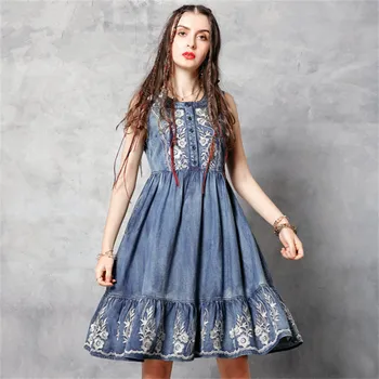 

Women's Denim Tank Dress 2020 Summer Women Dresses Single Breasted O-Neck Flower Embroidery Sundress Vintage Vestidos Female