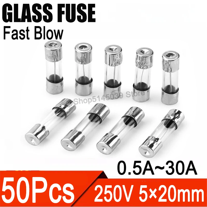 Fusible de vidrio de soplado rápido, kit de 5x20mm, 5x20mm, 1A, 2A, 3A, 4A, 5A, 6A, 7A, 10A, 15A, 20A, 25A, 30A, 200MA, 500MA, 250V, 50 unidades|Fusibles| -