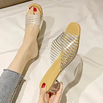 

Summer Slippers High Heels Womens Shoes 2020 New Crystal Sphere Square Toe Jelly Female Slippers Sexy Clear Pvc Shoes Woman