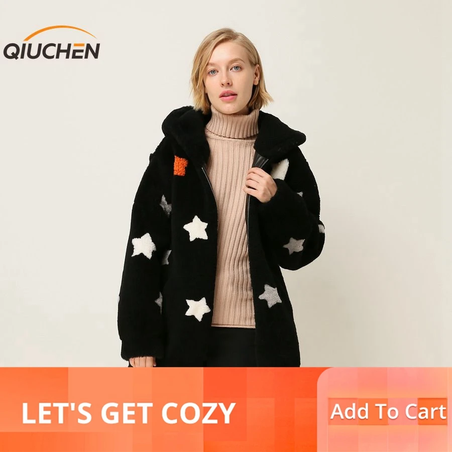 

QIUCHEN PJ1868new arrival free shipping women winter dress real sheep fur coat with hood outwear shearling star coat