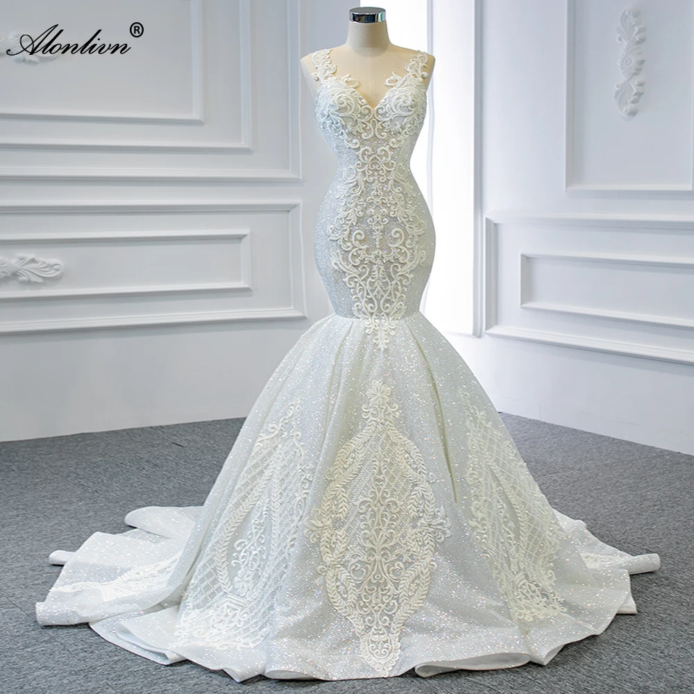 

Alonlivn Elegant Glittler Beads Lace Of Mermaid Wedding Dress With V Neckline Sleeveless Empire Bridal Gowns