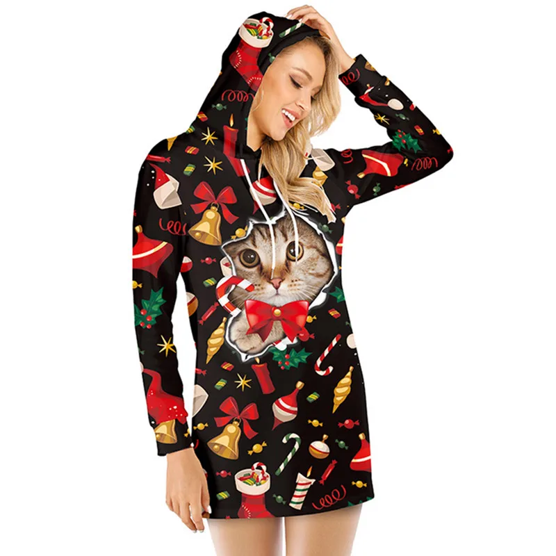 

New Autumn and winter Christmas long-sleeved sweater skirt digital 3D Cat printing women's casual hooded sweater long-sleeved