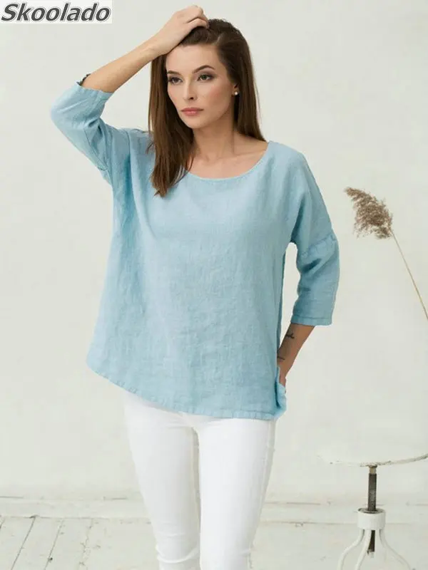 

Casual Womens cotton linen tops blouses Ladies Embroidery Long Sleeve Tops blouse women plus size good quality fashion solid