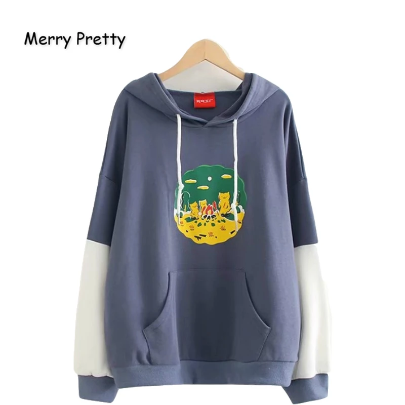 Merry Pretty хлопковый женский спортивный костюм Харадзюку С Капюшоном и принтом кота из мультфильма зимний длинный рукав с карманами толстовки кофты