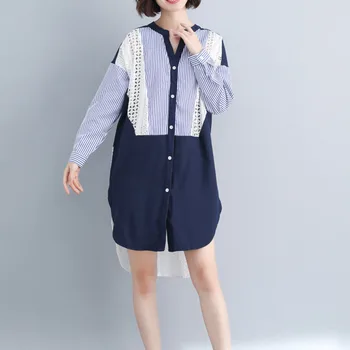 

[EWQ] 2020 Spring Summer New Arrivals V-neck Full Sleeve Button Lace Patchwork Women Fashion Casual Shirt Long AW61214L