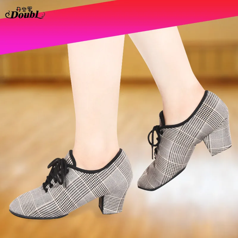 

2019 Women's Dance Shoes Latin Dance Standard Dancing Houndstooth Pattern Silver Ladies Teaching Shoes Oxford Comfortable