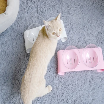 

Plastic Pet Cat Feeder Feeding Bowl With Raised Stand Creative Tilted Non-Slip Double Cat Bowl Pet Supplies Protection Bowl