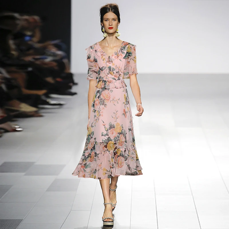 Elegante Boho V-hals Korte Mouwen Hoge Taille Bloemenprint Lange Chiffon Jurk Vrouwen Zomer A-lijn Bohemian Beach Zonnejurk Jurken