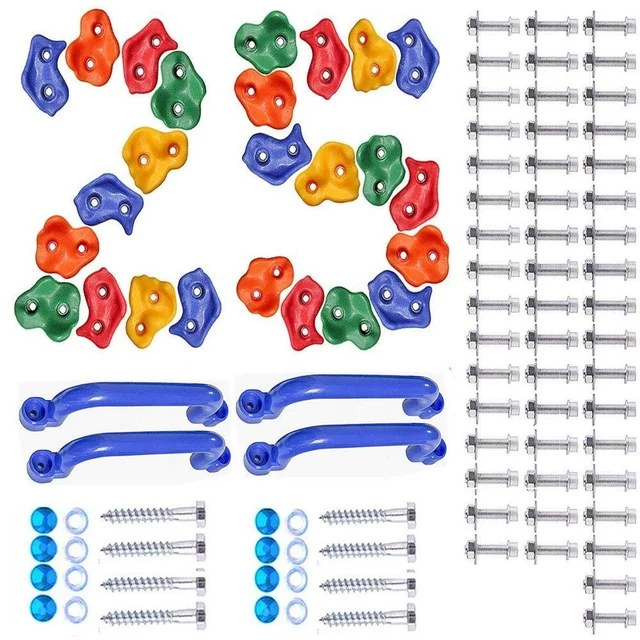 25Pcs Rock Climbing Holds with Blue Auxiliary Handles,Indoor Outdoor Playground Exercise Toy Set-Mounting Hardware Kit Included