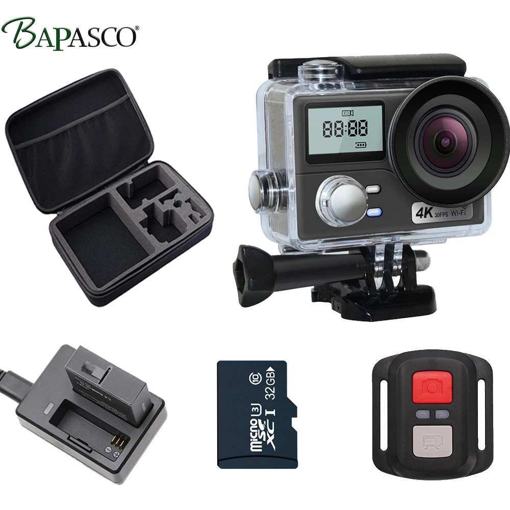 BAPASCO AT-Q302 Спортивная камера Ultra HD 4 K/30fps WiFi 2," 170D Подводная Водонепроницаемая видеокамера для шлема Спортивная камера - Цвет: Add 32G battery