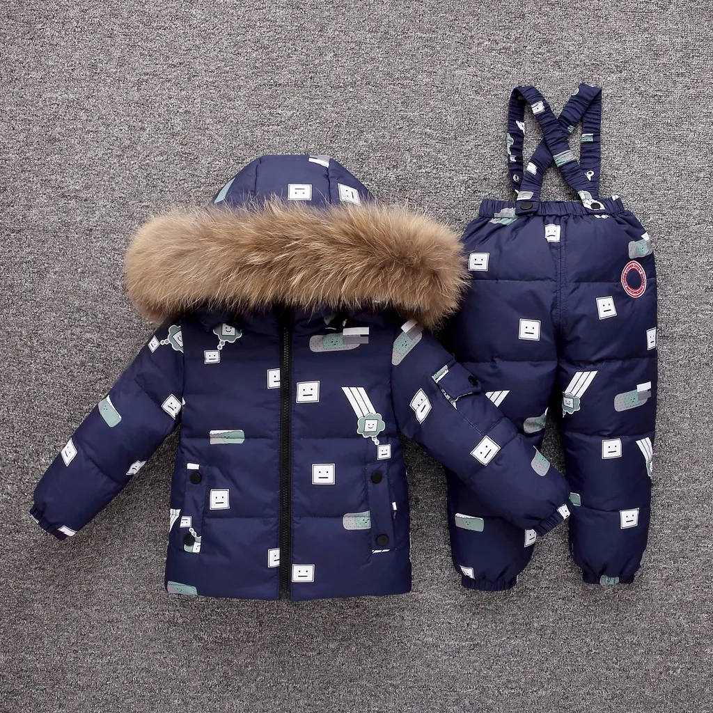 Комплекты зимней детской одежды детская парка с капюшоном и искусственным мехом для мальчиков пуховое Стеганое пальто+ штаны комплект из 2 предметов, roupa infantil Plus