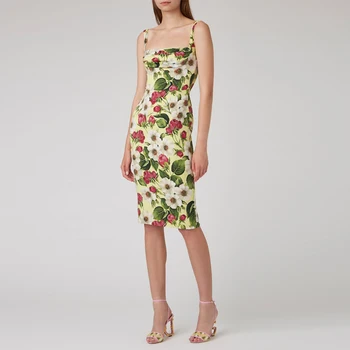 

Summer Dress French Retro Square Collar Floral Bellflower Strapless Strap Dress Woman