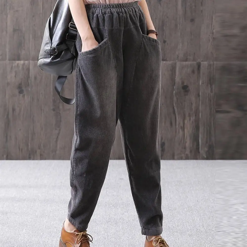 Хлопковые вельветовые штаны-шаровары на осень и зиму с эластичной высокой талией женские брюки размера плюс S-4XL брюки длиной до щиколотки - Цвет: Серый