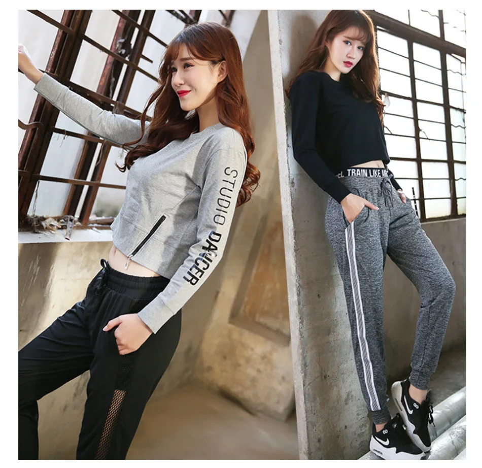 Fall/winter new Korean T-shirt fashion loose with zipper exposed navel long sleeve vests lady fitness clothing women