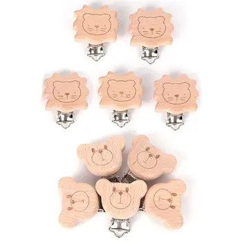 

5Pcs Natural Beech Wood Animal Pacifier Clip Baby Teether Safety Clasp Accessory F3ME