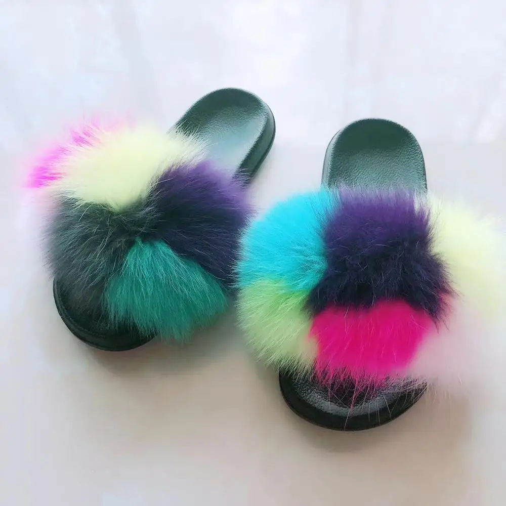 Г. Новые разноцветные тапочки с натуральным лисьим мехом повседневная обувь пушистые шлепанцы Вьетнамки Летняя женская обувь на меху - Цвет: A