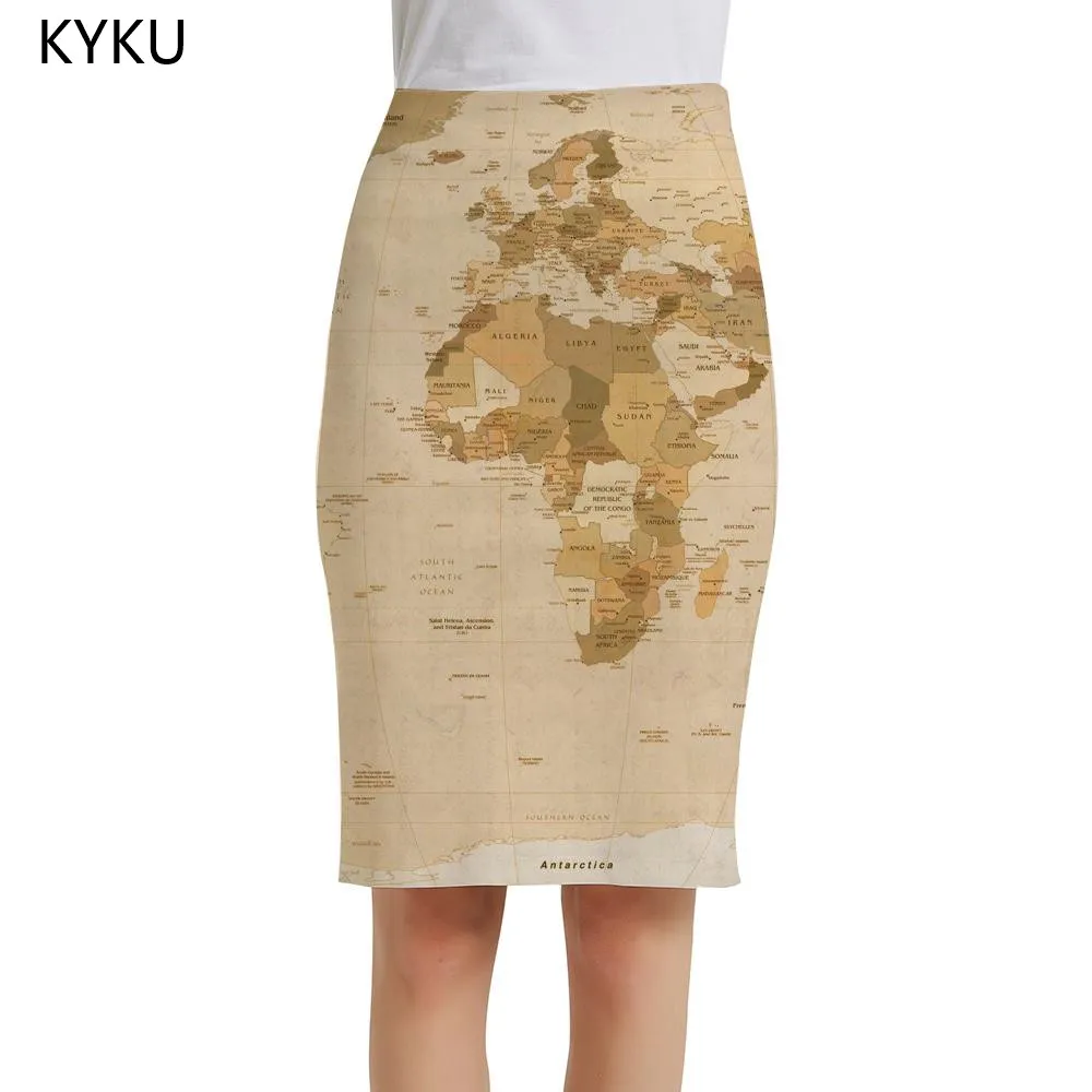 

KYKU World Map Skirts Women Map Sexy Harajuku Elegant Novel Print Skirt Ladies Skirts Womens Vintage Casual Party Knee Length
