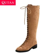 QUTAA/ г. Качественная женская обувь из коровьей кожи, на шнуровке, на молнии повседневные осенне-зимние сапоги до колена на квадратном каблуке размеры 34-40
