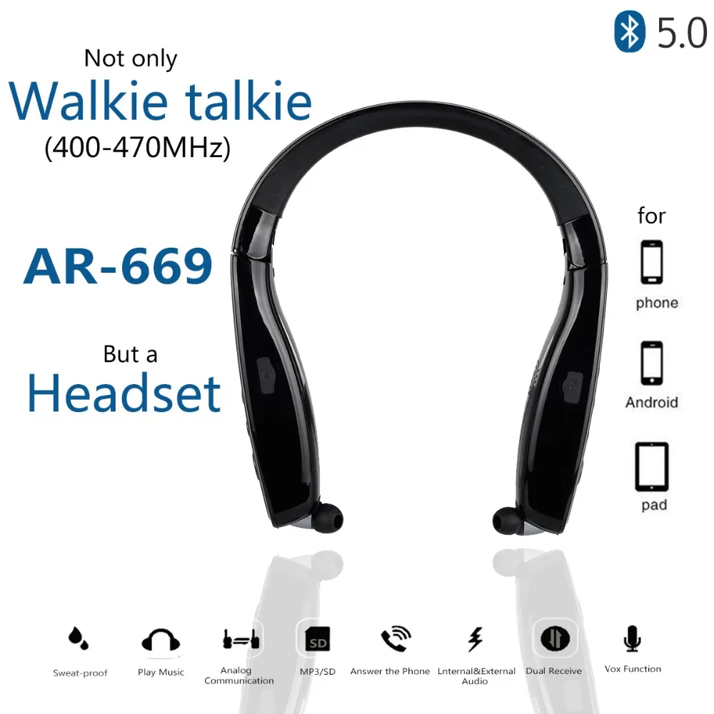 2PCS Abbree AR-669 UHF 400-470MHz 0.5W 99CH Neckband Walkie Talkie Bluetooth Headset Earphone for Two Way Radio and phone