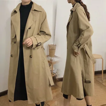

Women Autumn Winter Coat Waist Belt Lapel Solid Color Loose Double Breasted Long Sleeve Jackets Windproof Coat IK88