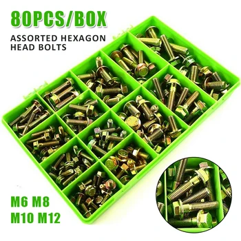 

80Pcs M6 M8 M10 M12 Flanged Hexagon Head Bolts High Tensile Yellow Zinc Plated Hexagon Head Bolts Assortment Kit With Box