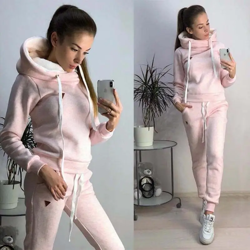 Solid Hoodies Women Thick Warm Pocket Casual Pullover Female Outdoor Sport Soft Sweatshirts Suit - Цвет: Розовый