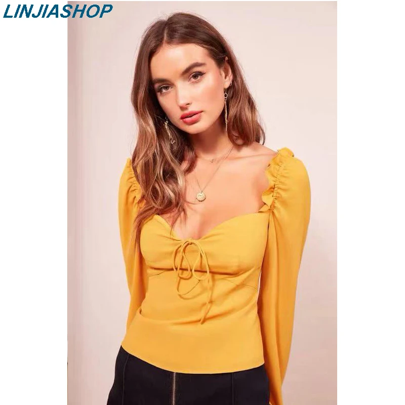 

Vintage square neck yellllow black red blouse women all-match summer tops puff sleeve zipper solid long sleeve women shirt