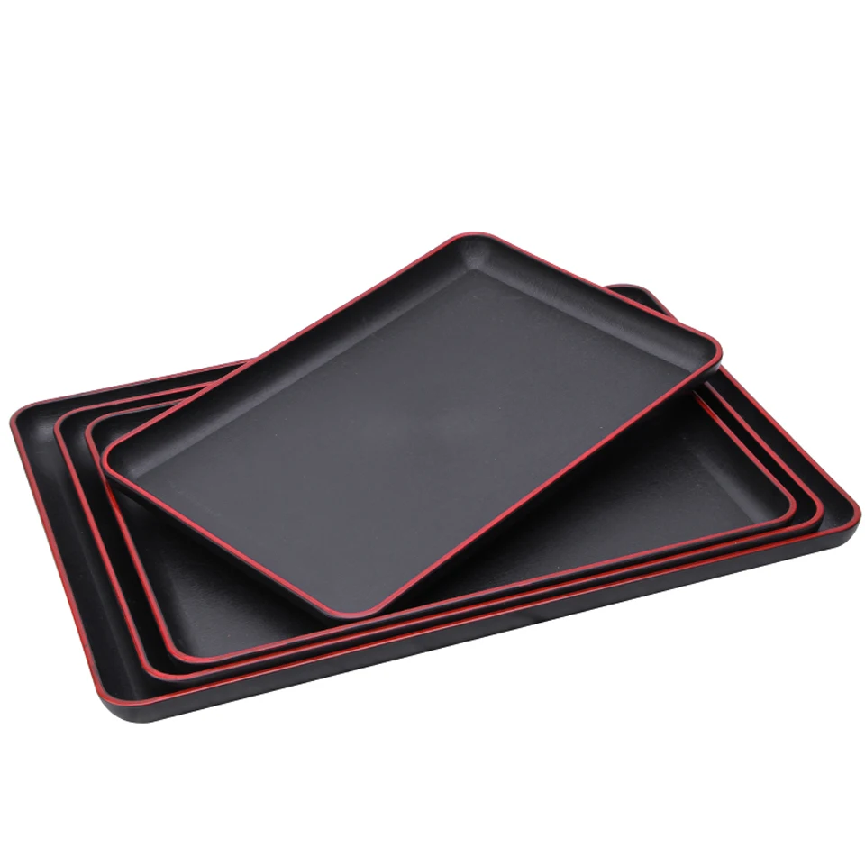 Japanese Tray Sushi Plate Melamine Imitation Porcelain Dinner Plate Rectangular Black Red Edge Hotel Guest Room Storage Tray 6