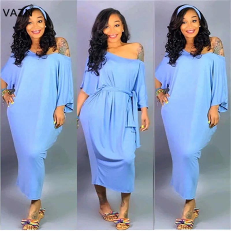 light blue VAZN, высокое качество, сексуальный стиль, Женские однотонные, 2 цветные ленты, длинное платье, сексуальное, с вырезом, с коротким рукавом, прямое, длинное платье YS6066 - Цвет: light blue