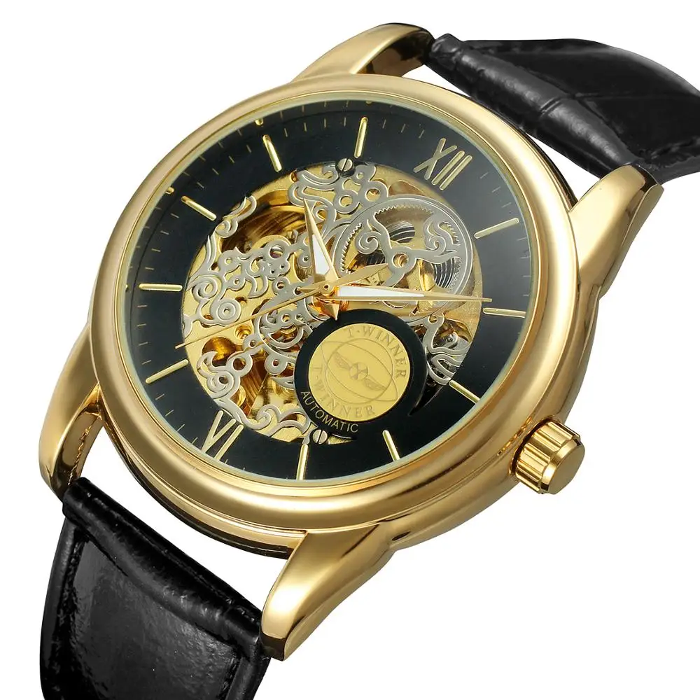 

Winner Top Brand Luxury Elegant Antique Watches Golden Skeleton Automatic Man Clock Mechanical Rome Number Leather Wristwatches