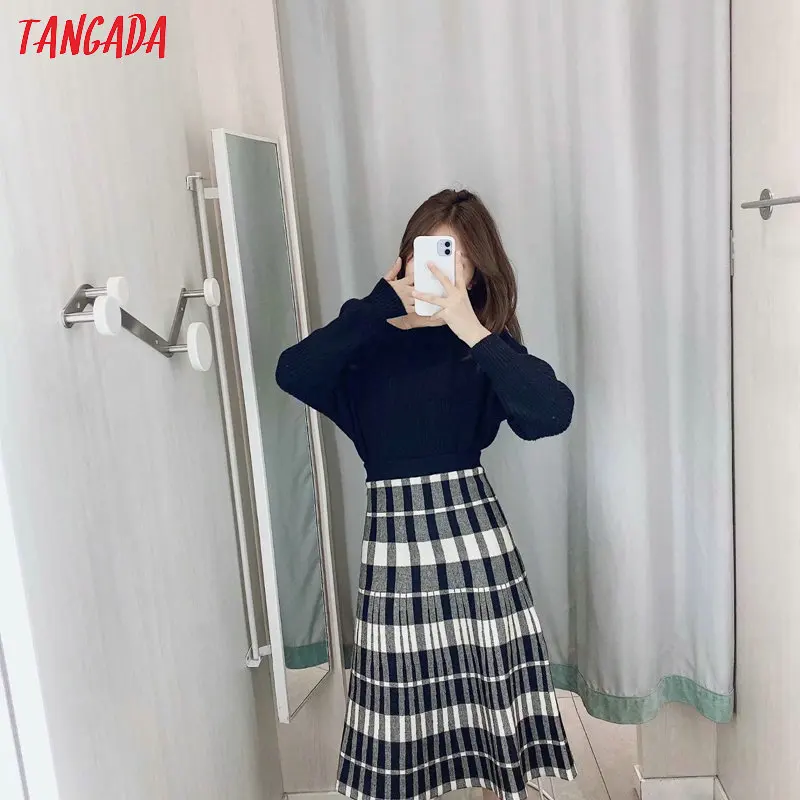 Tangada, женская трикотажная юбка миди в стиле ретро, тянущаяся Талия, женские повседневные юбки, уличные шикарные трапециевидные юбки 3A04