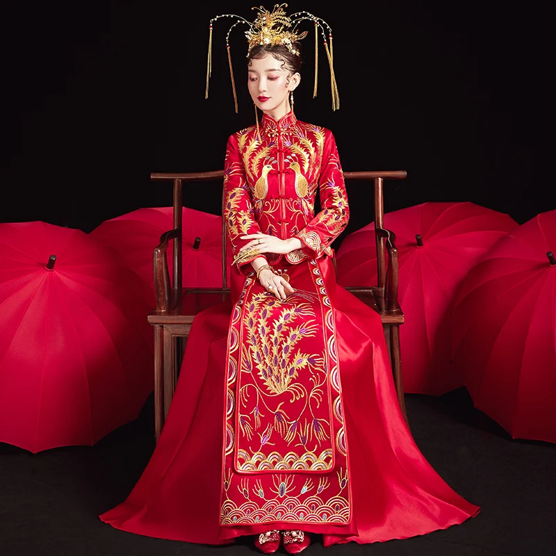 Embroidery Phoenix Female Cheongsam Exquisite Bride Wedding Dress Clothes Marriage Dress Suit Chinese Vintage Elegant Qipao