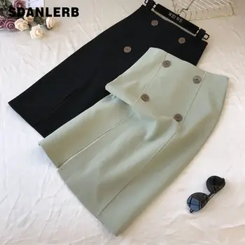 

2020 Spring Midi Skirt Women New Retro Double Breasted Mid-Length Skirt Women's High-Waist Slit A- Line One Step Skirts Ladies