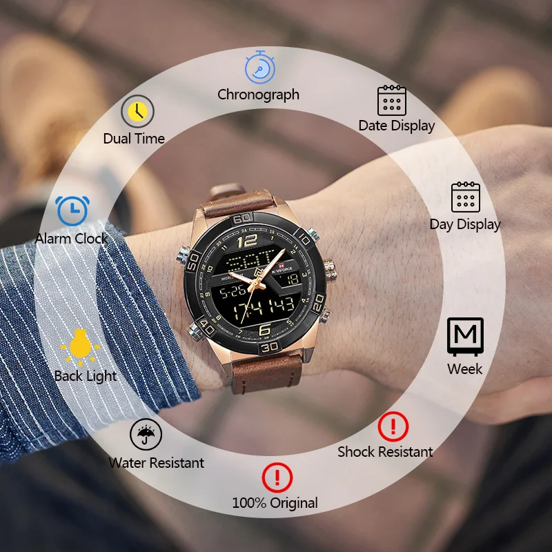NAVIFORCE Luxury Gold Watches For Men Leather Band Waterproof Digital Alarm Sport WristWatch Man Military Dual Time Quartz Clock