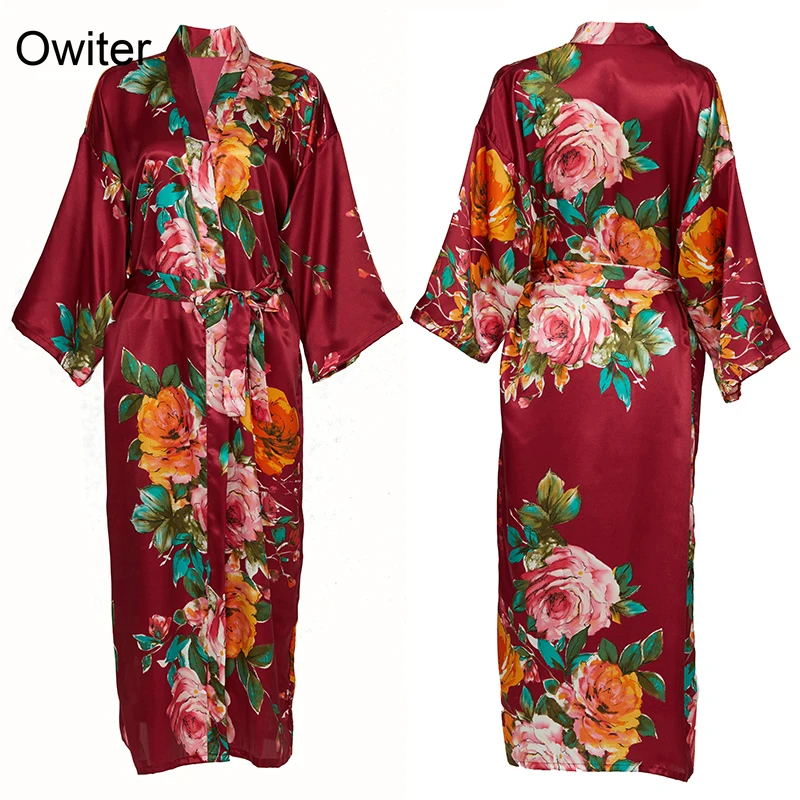 wine red YUXINBRIDAL длинный большой цветочный халат для невесты свадебное кимоно атласный халат для невесты Ночное Платье с принтом пижамы для женщин - Цвет: wine red