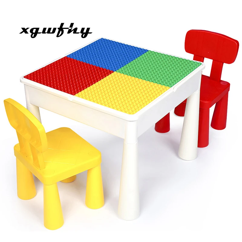 

Children's Multi-function Building Blocks Table With Chairs Large and Big Particles Baseplate desk DIY children Toy Kids JM341