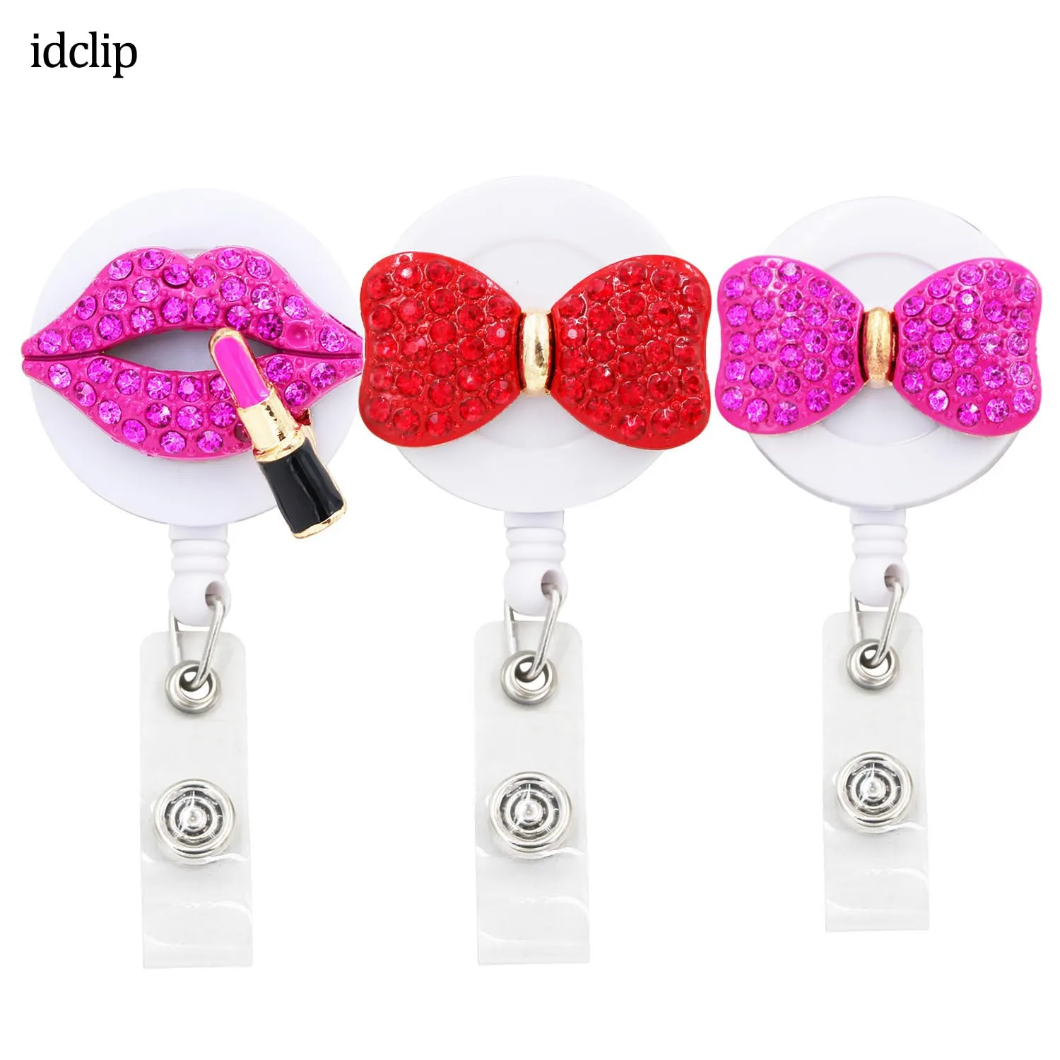 

idclip 3PC Lot Pink Bow Retractable Badge Holder with Alligator Clip Retractable Cord ID Badge Reel Rose Kiss