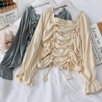 

French small drawstring pleated Bell Sleeve bottoming blouse women 2020 spring care machine slim square collar top